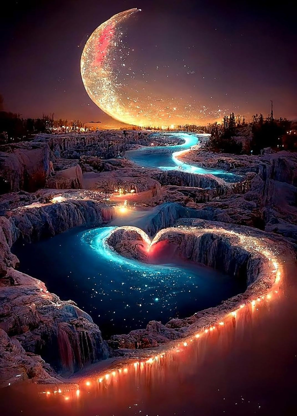 5D Diamond Painting Kits for Adults, Valentines Day Moon Heart River Diamond Art