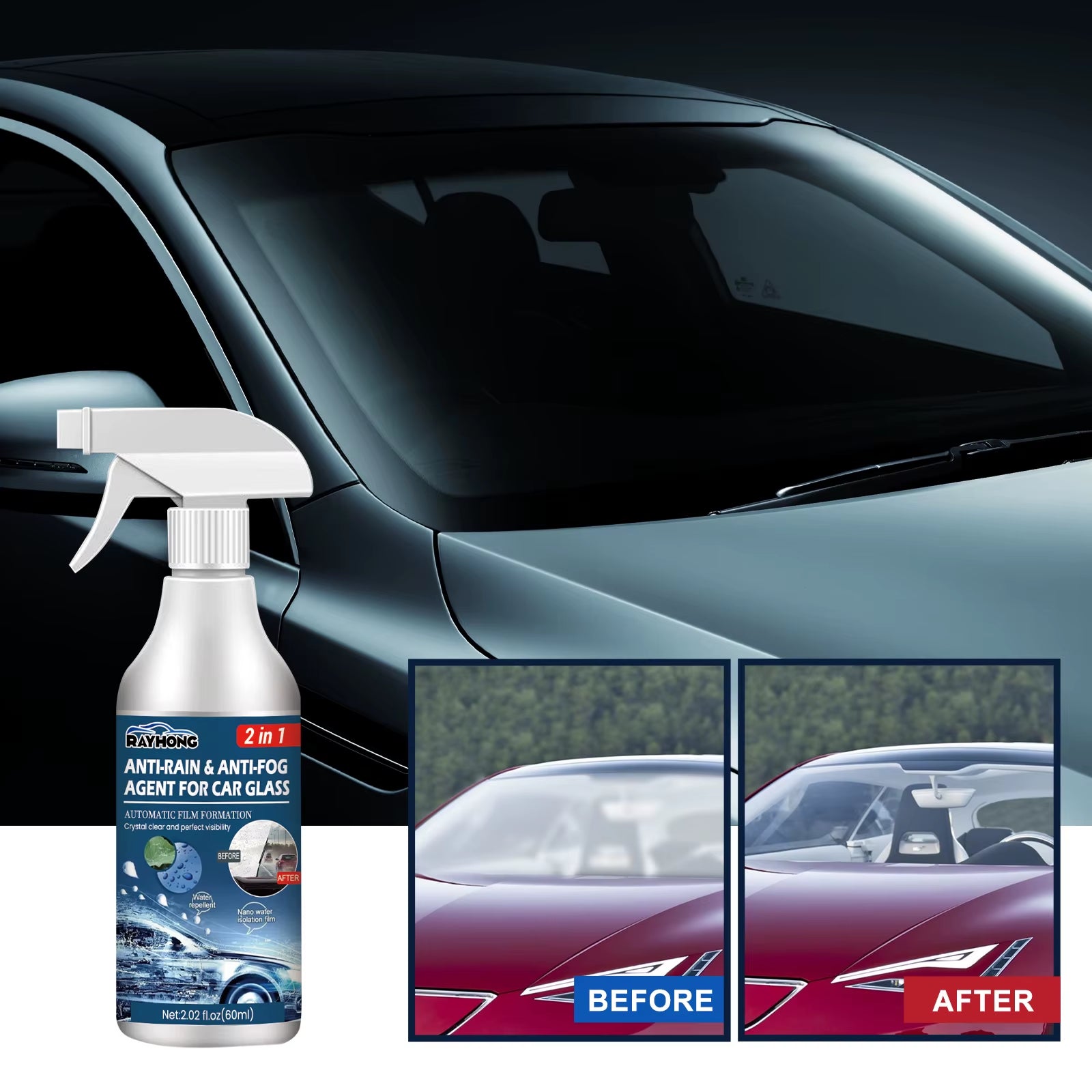 60ML Anti-Rain & Anti-Fog Coating Agent Auto Window Hydrophobic Agent anti Fog Spray Defogger for Car Windshield Glass