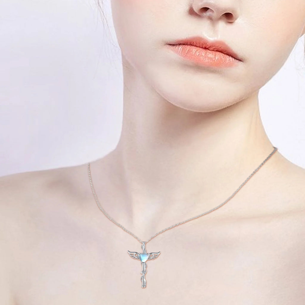 Angel Wing Cross Necklace 925 Sterling Silver Moonstone Cross Crucifix Pendant Necklace Guardian Angel Wings Necklace Cross Jewelry Gifts for Women