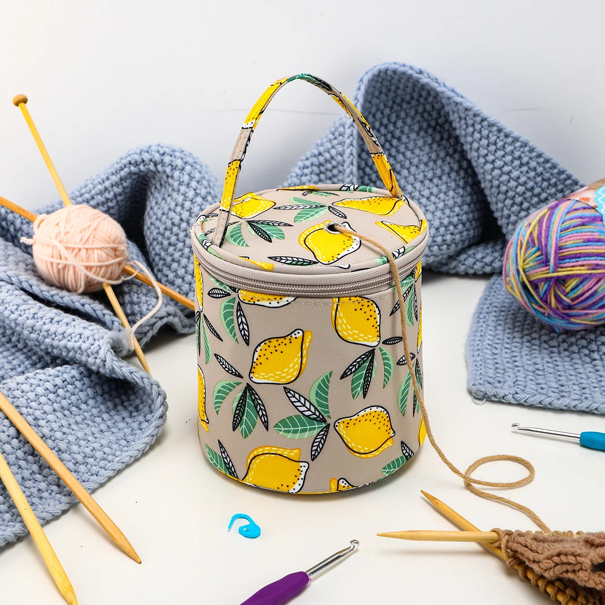Empty Small Yarn Storage Bag Lemon Yellow Knitted Wool Bags Portable Travel Organize Storage for Crochet Hook and Sewing Tools