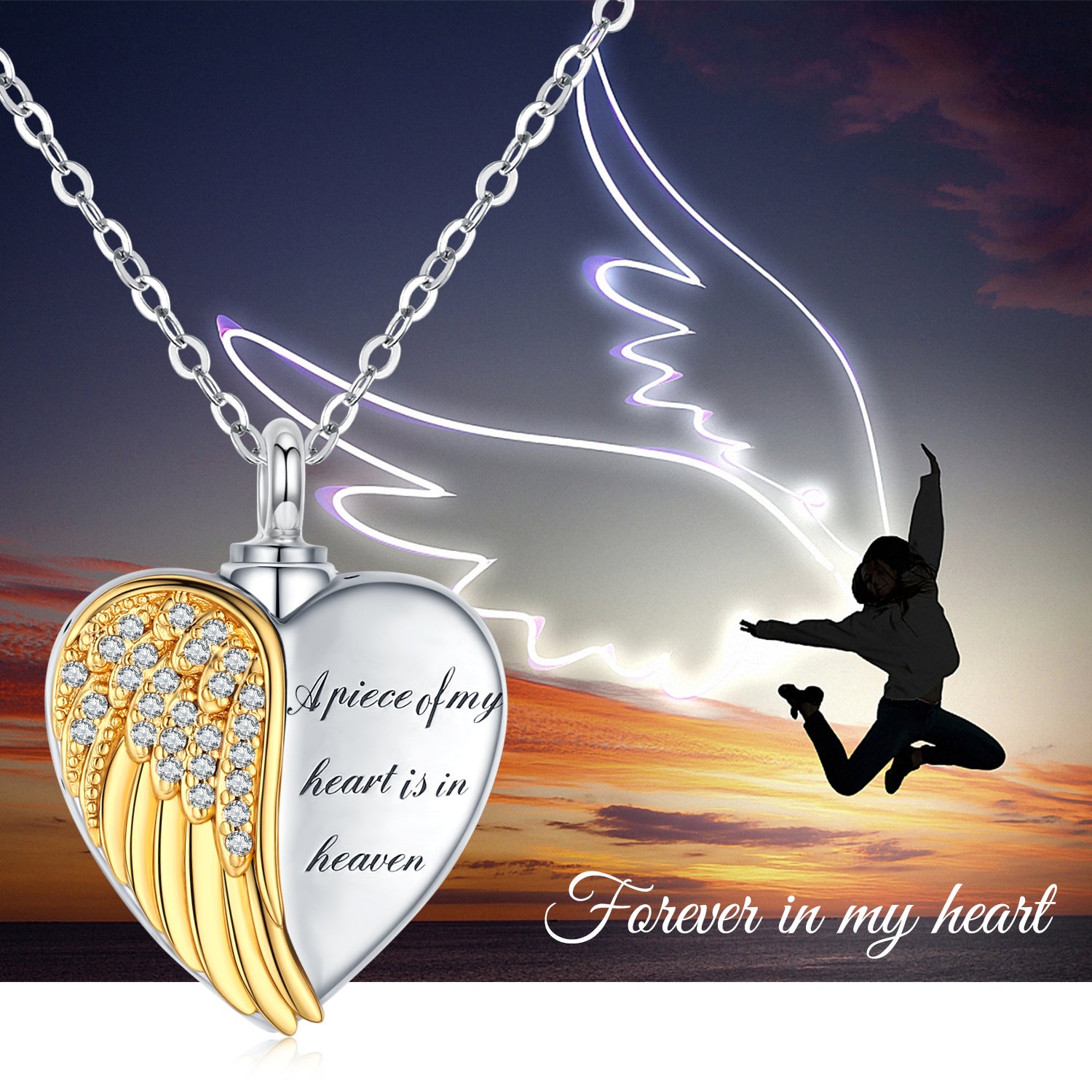 Heart Angel Wing Urn Necklace for Ashes 925 Sterling Silver Heart Memorial Keepsake Cremation Pendant Necklace Cremation Jewelry Gifts for Women