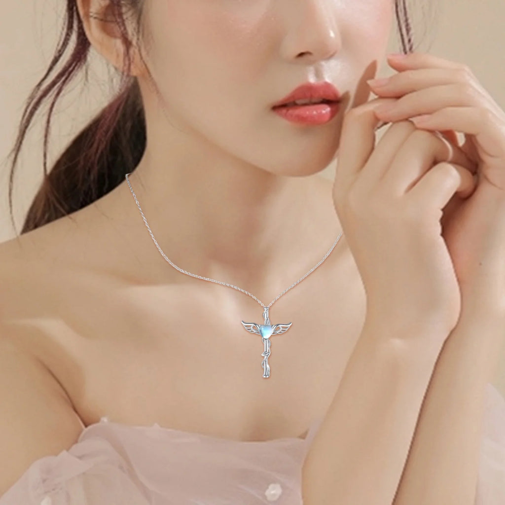 Angel Wing Cross Necklace 925 Sterling Silver Moonstone Cross Crucifix Pendant Necklace Guardian Angel Wings Necklace Cross Jewelry Gifts for Women