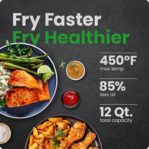 12 Qt. Air Fryer 5 Functions W/ Integrated Smart Thermometer, 28 Presets, Black