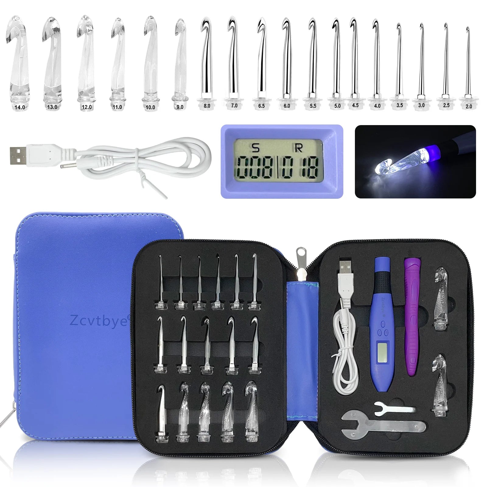 18 Sizes Crochet Hook Set with LED Light and Stitch&Row Counter Digital Ergonomic Handle Knitting Kit DIY Tool for Beginner