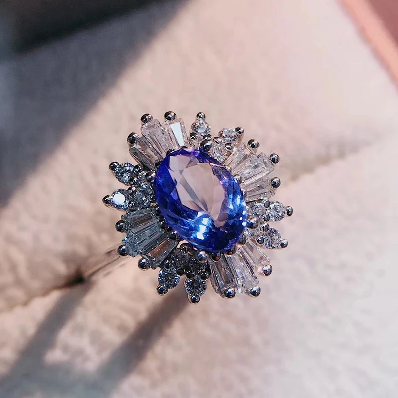 Colife Jewelry 100% Natural Tanzanite Ring for Engagement 5Mm*7Mm Tanzanite Silver Ring 925 Silver Tanzanite Jewelry