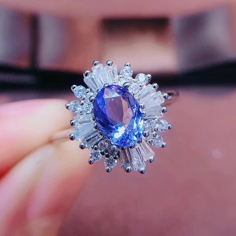 Colife Jewelry 100% Natural Tanzanite Ring for Engagement 5Mm*7Mm Tanzanite Silver Ring 925 Silver Tanzanite Jewelry