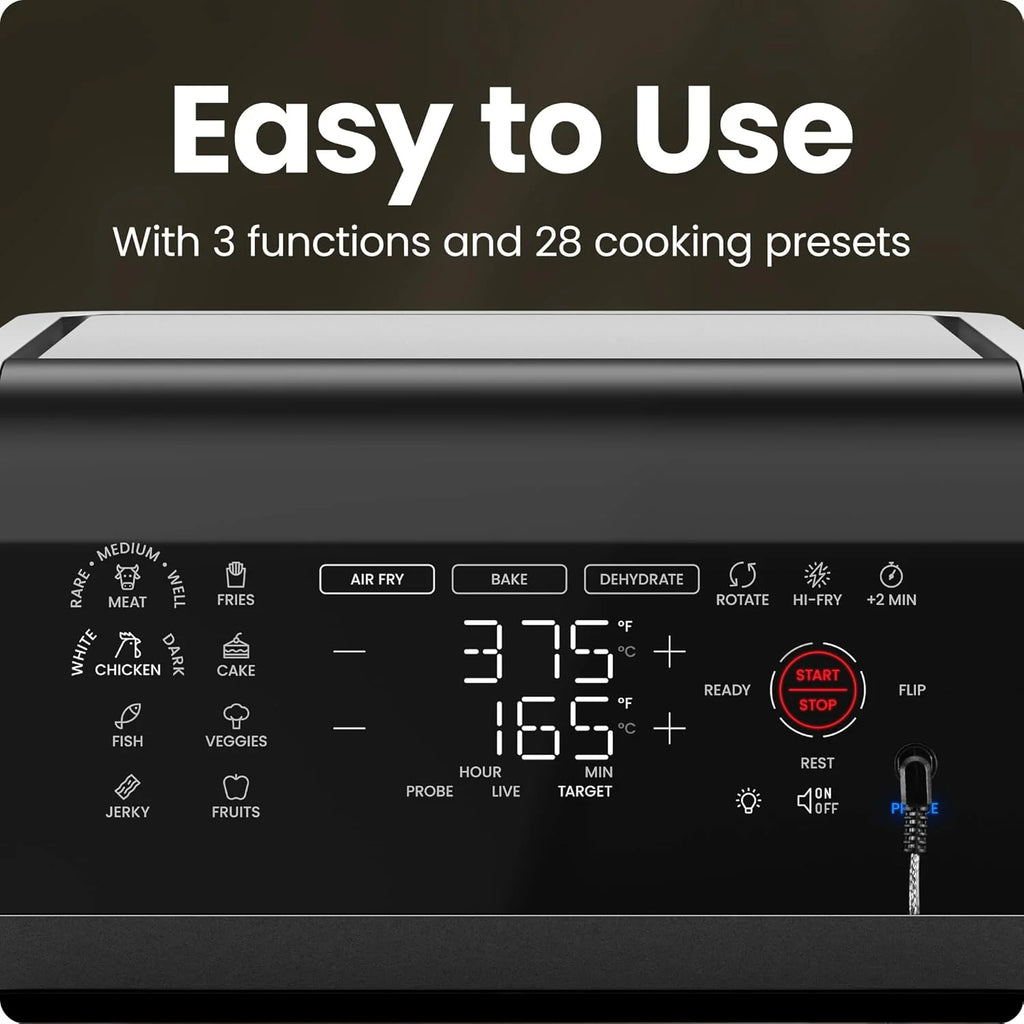 12 Qt. Air Fryer 5 Functions W/ Integrated Smart Thermometer, 28 Presets, Black