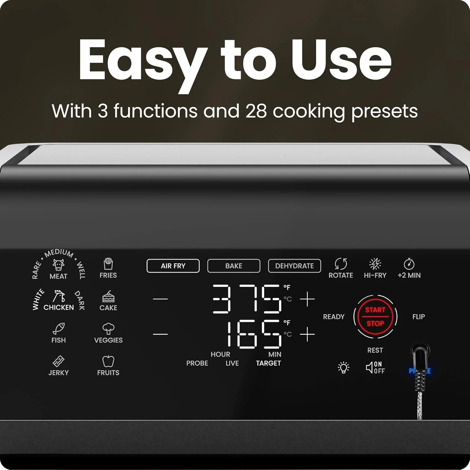 12 Qt. Air Fryer 5 Functions W/ Integrated Smart Thermometer, 28 Presets, Black