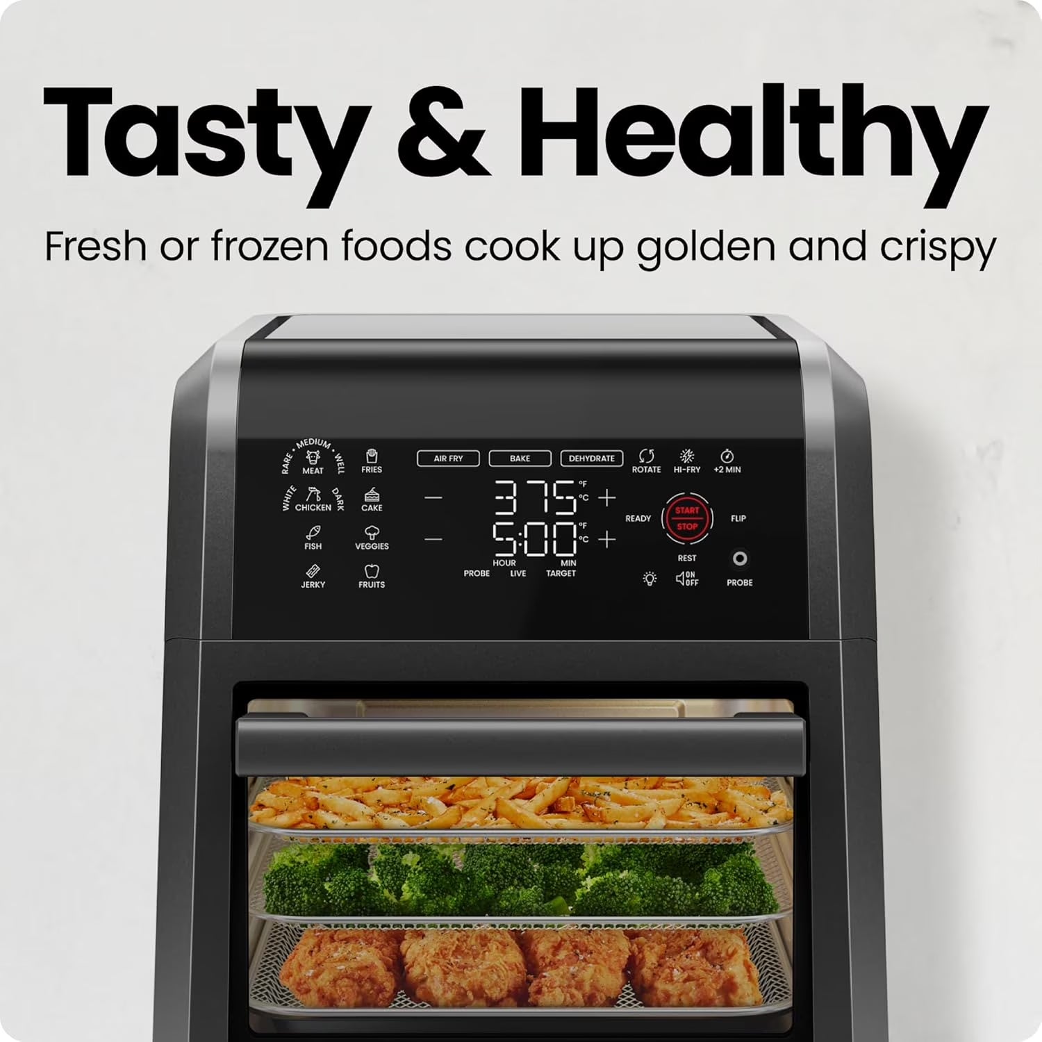 12 Qt. Air Fryer 5 Functions W/ Integrated Smart Thermometer, 28 Presets, Black