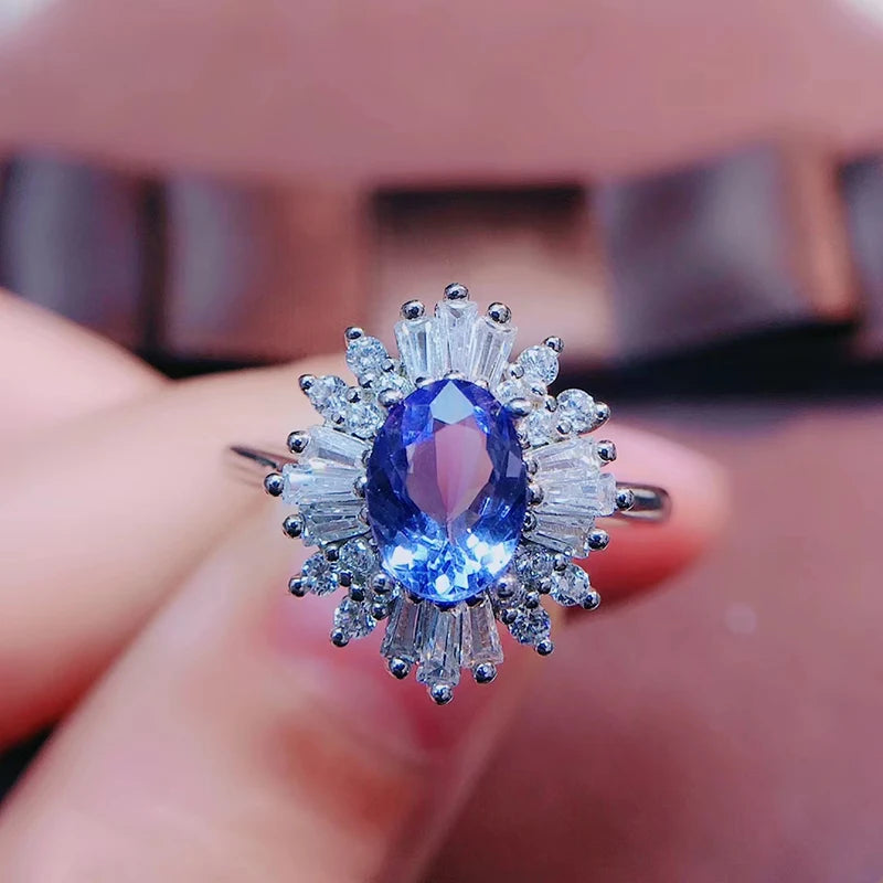 Colife Jewelry 100% Natural Tanzanite Ring for Engagement 5Mm*7Mm Tanzanite Silver Ring 925 Silver Tanzanite Jewelry
