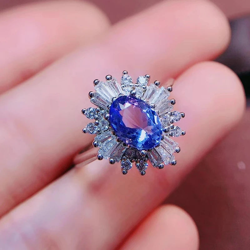 Colife Jewelry 100% Natural Tanzanite Ring for Engagement 5Mm*7Mm Tanzanite Silver Ring 925 Silver Tanzanite Jewelry