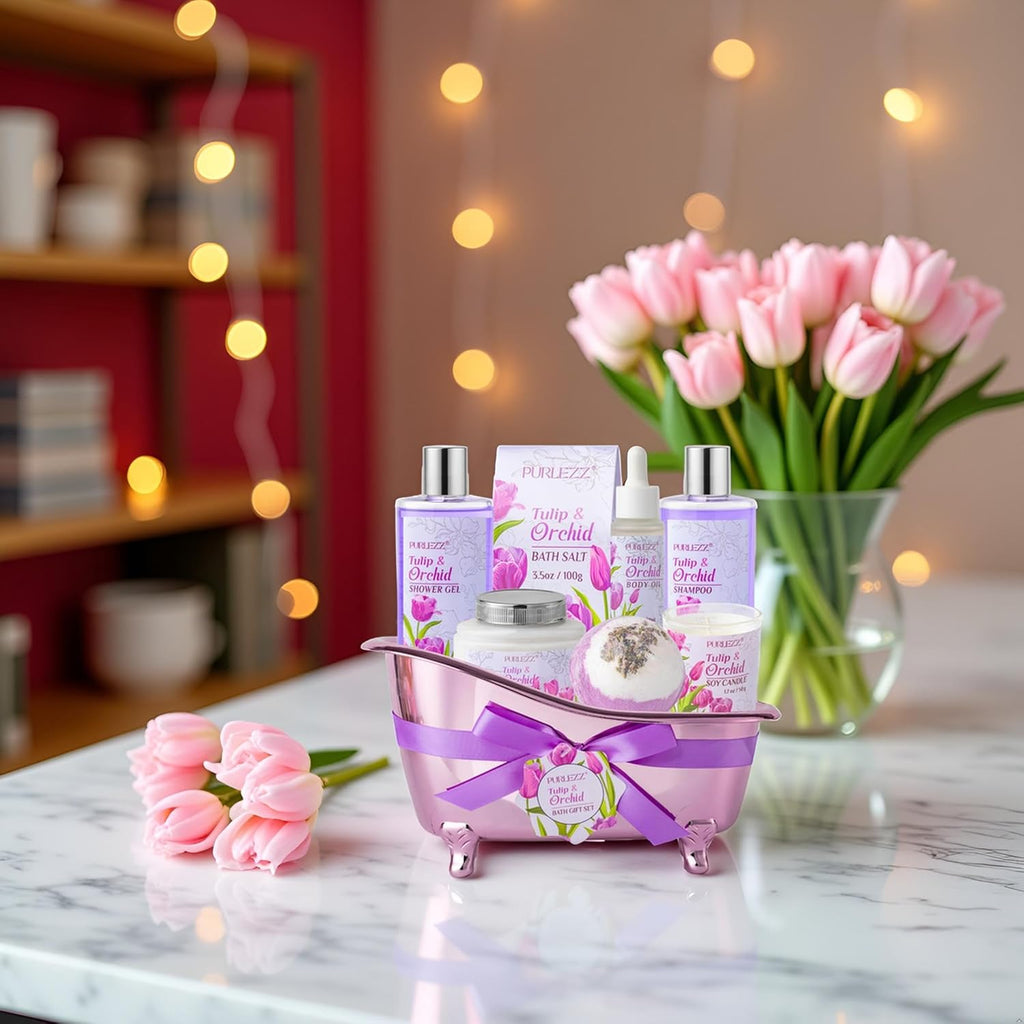 Tulip & Orchid Mother'S Day Gifts for Women, Bath and Body Gift Basket, Spa Gift Basket, Spa Kit, Self-Care Set, Spa Kit for Women Gift Set, Birthday, Christmas, Mom Gift, Anniversary, Bath Gift Set