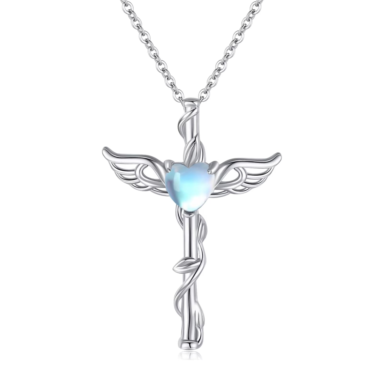 Angel Wing Cross Necklace 925 Sterling Silver Moonstone Cross Crucifix Pendant Necklace Guardian Angel Wings Necklace Cross Jewelry Gifts for Women