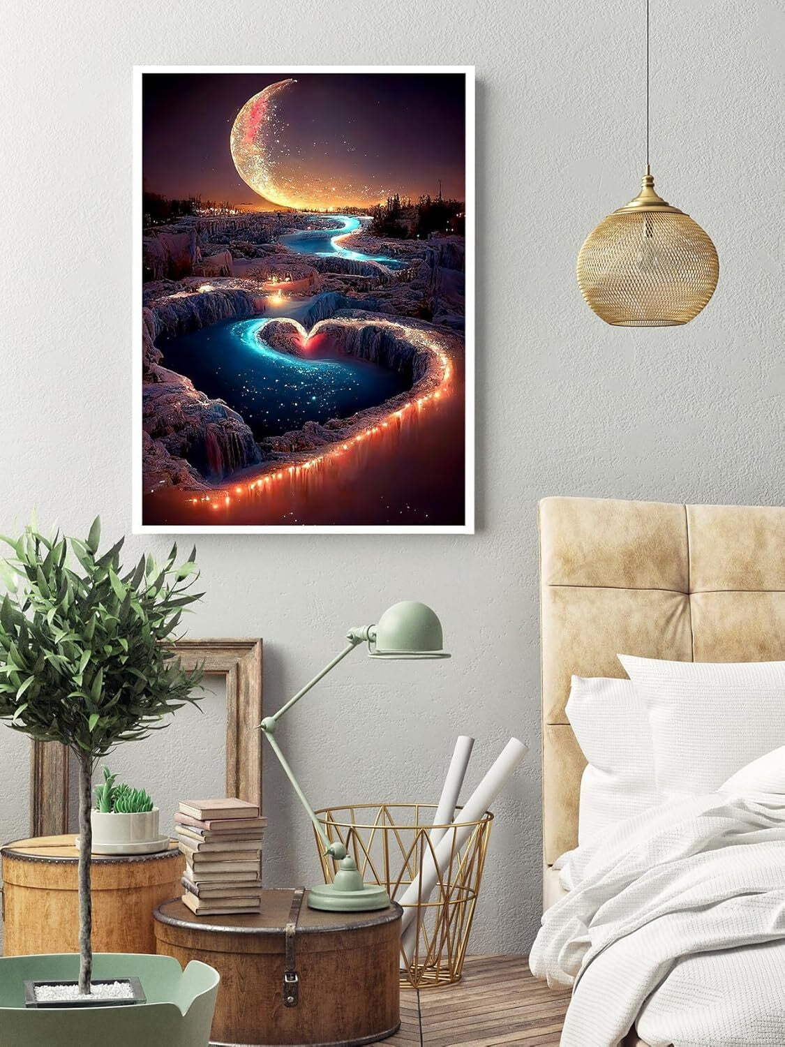 5D Diamond Painting Kits for Adults, Valentines Day Moon Heart River Diamond Art