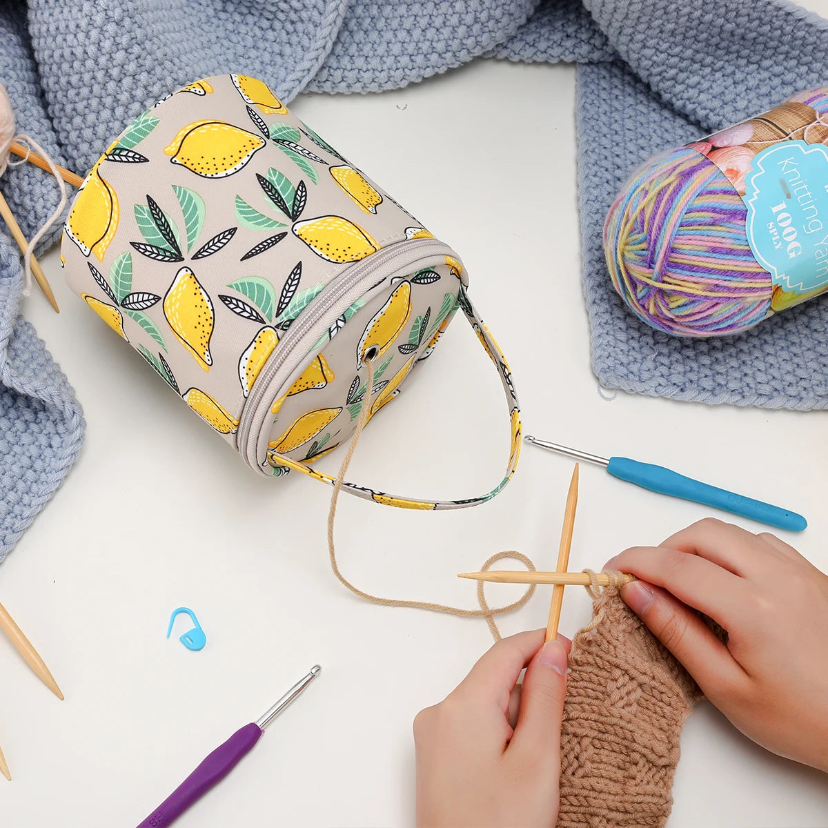 Empty Small Yarn Storage Bag Lemon Yellow Knitted Wool Bags Portable Travel Organize Storage for Crochet Hook and Sewing Tools