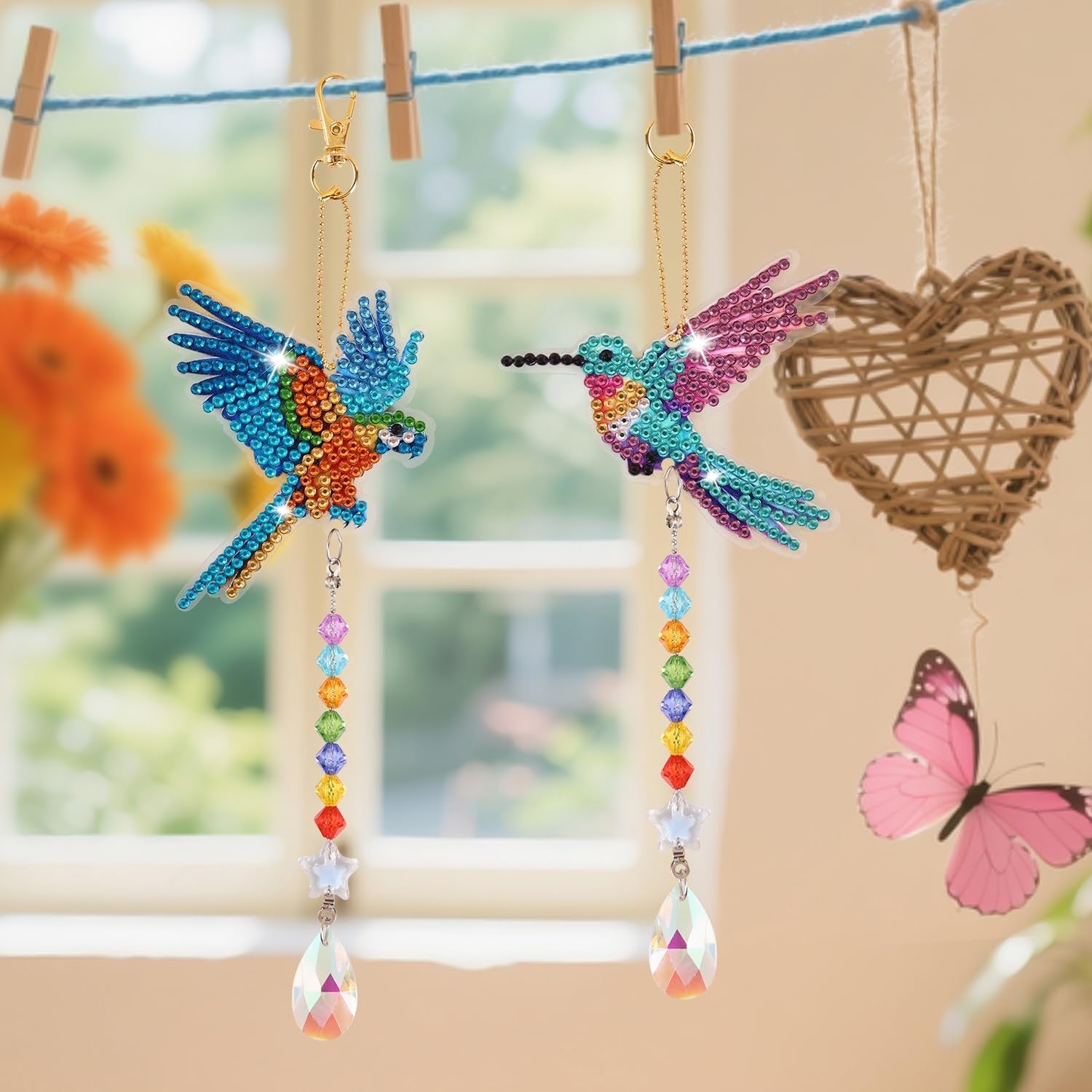 6 Pcs Diamond Painting Wind Chimes Rhinestone Hummingbird Diamond Art Suncatcher