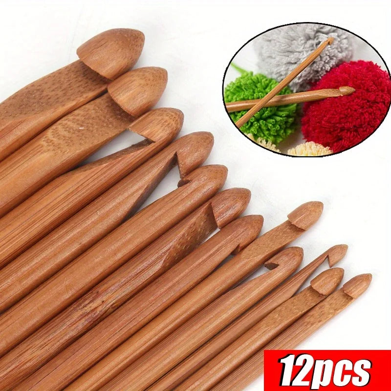 12Pcs/Set DIY Crochet Hooks Set Bamboo Handle Crochet Knitting Tool Crafts