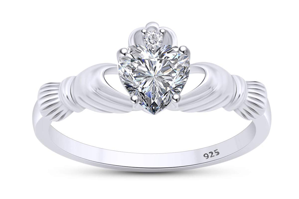 Jewel Zone US Heart & Round Cut White Cubic Zirconia Claddagh Ring In 14k White Gold Over Sterling Silver Jewelry Gift For Her Ring Size-6.5