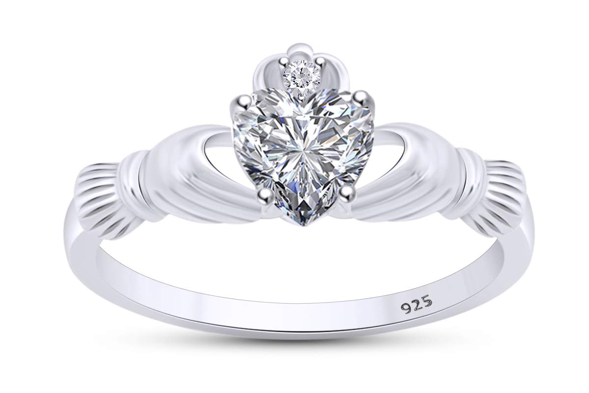 Jewel Zone US Heart & Round Cut White Cubic Zirconia Claddagh Ring In 14k White Gold Over Sterling Silver Jewelry Gift For Her Ring Size-6.5