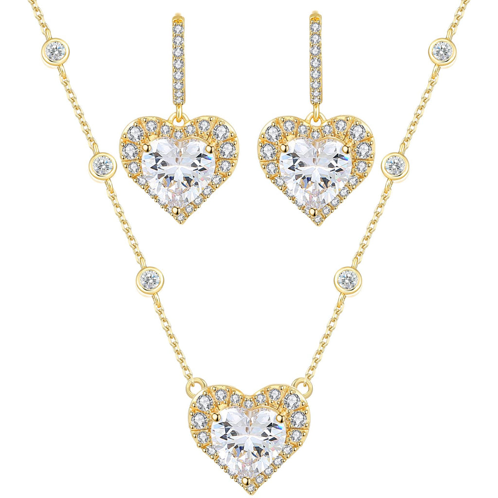 MAARRING Gold Plated Heart Pendant Necklace Earrings Set with AAA Cubic Zirconia Jewelry Sets for Women Bridal Wedding Birthday Party Valentins day