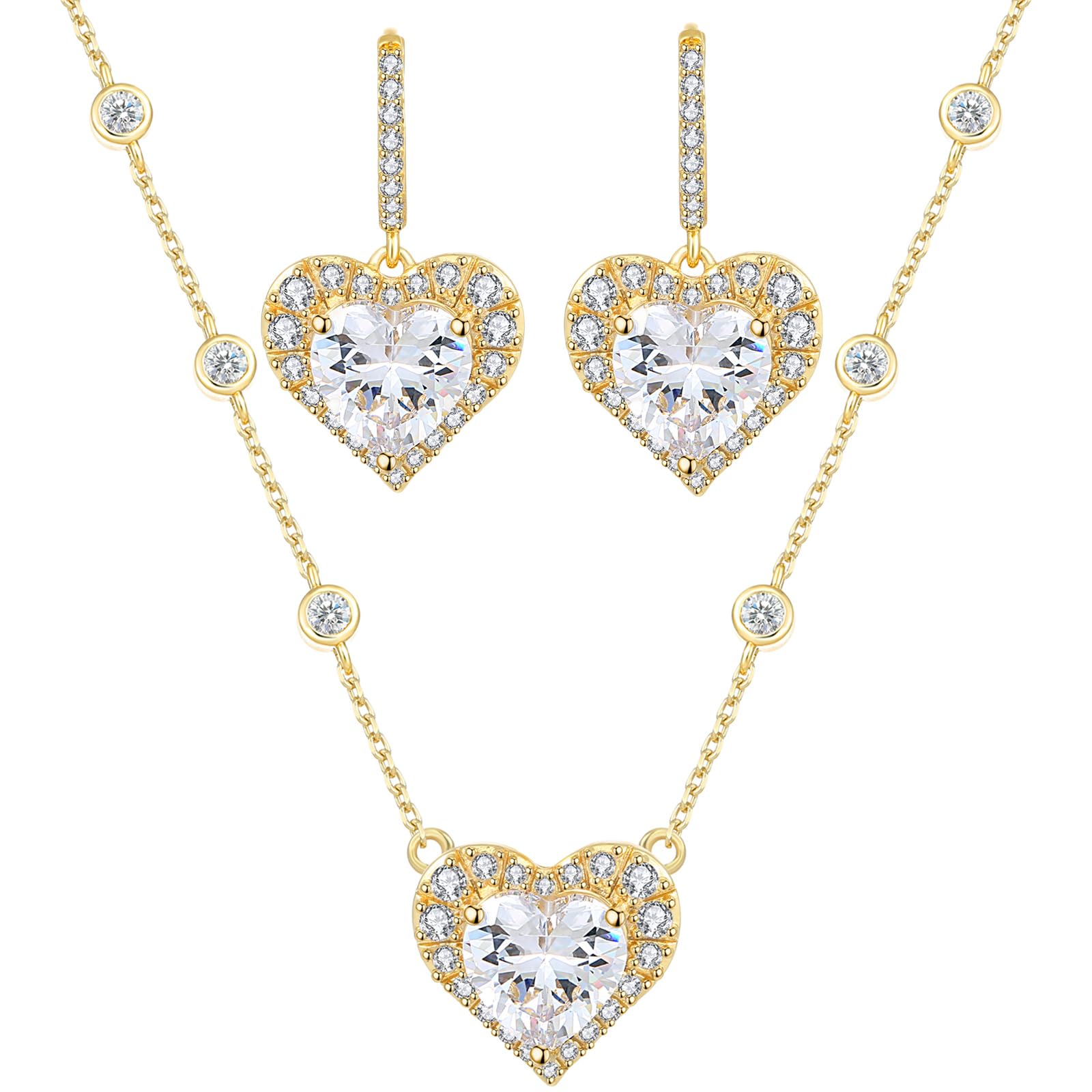MAARRING Gold Plated Heart Pendant Necklace Earrings Set with AAA Cubic Zirconia Jewelry Sets for Women Bridal Wedding Birthday Party Valentins day