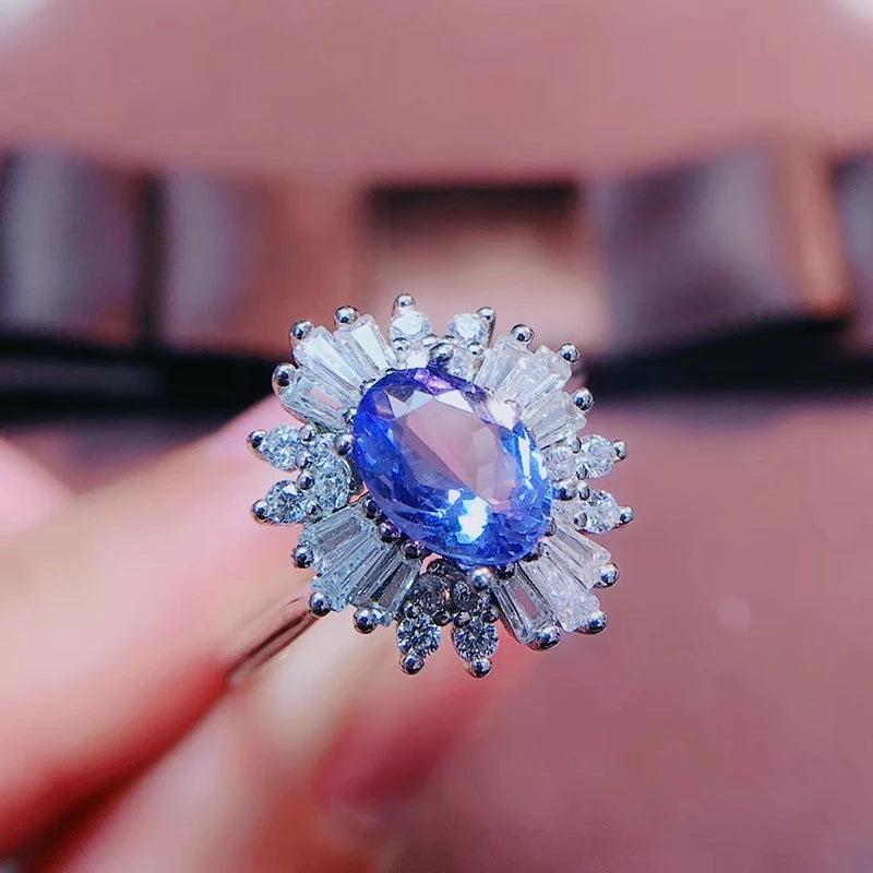 Colife Jewelry 100% Natural Tanzanite Ring for Engagement 5Mm*7Mm Tanzanite Silver Ring 925 Silver Tanzanite Jewelry