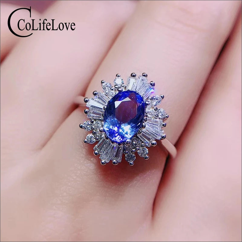 Colife Jewelry 100% Natural Tanzanite Ring for Engagement 5Mm*7Mm Tanzanite Silver Ring 925 Silver Tanzanite Jewelry