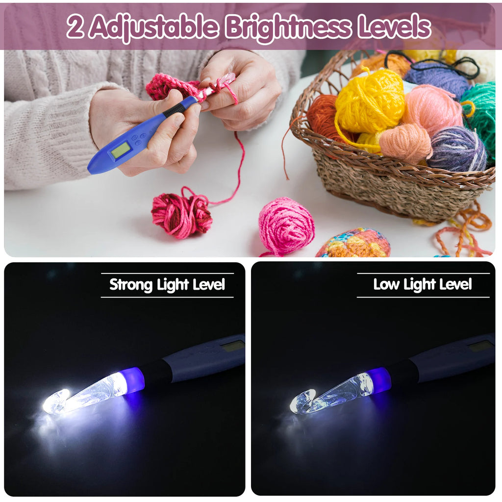 18 Sizes Crochet Hook Set with LED Light and Stitch&Row Counter Digital Ergonomic Handle Knitting Kit DIY Tool for Beginner
