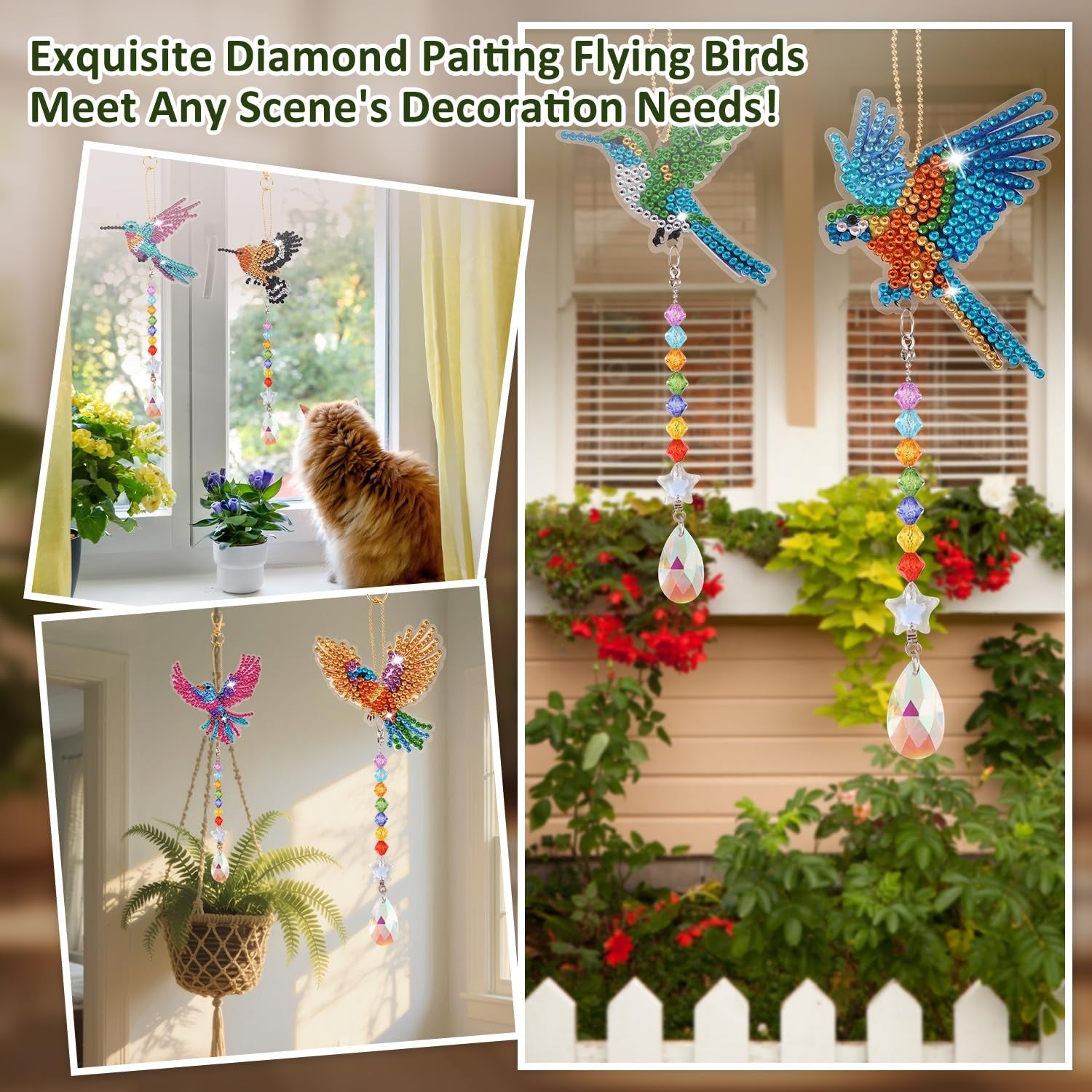 6 Pcs Diamond Painting Wind Chimes Rhinestone Hummingbird Diamond Art Suncatcher