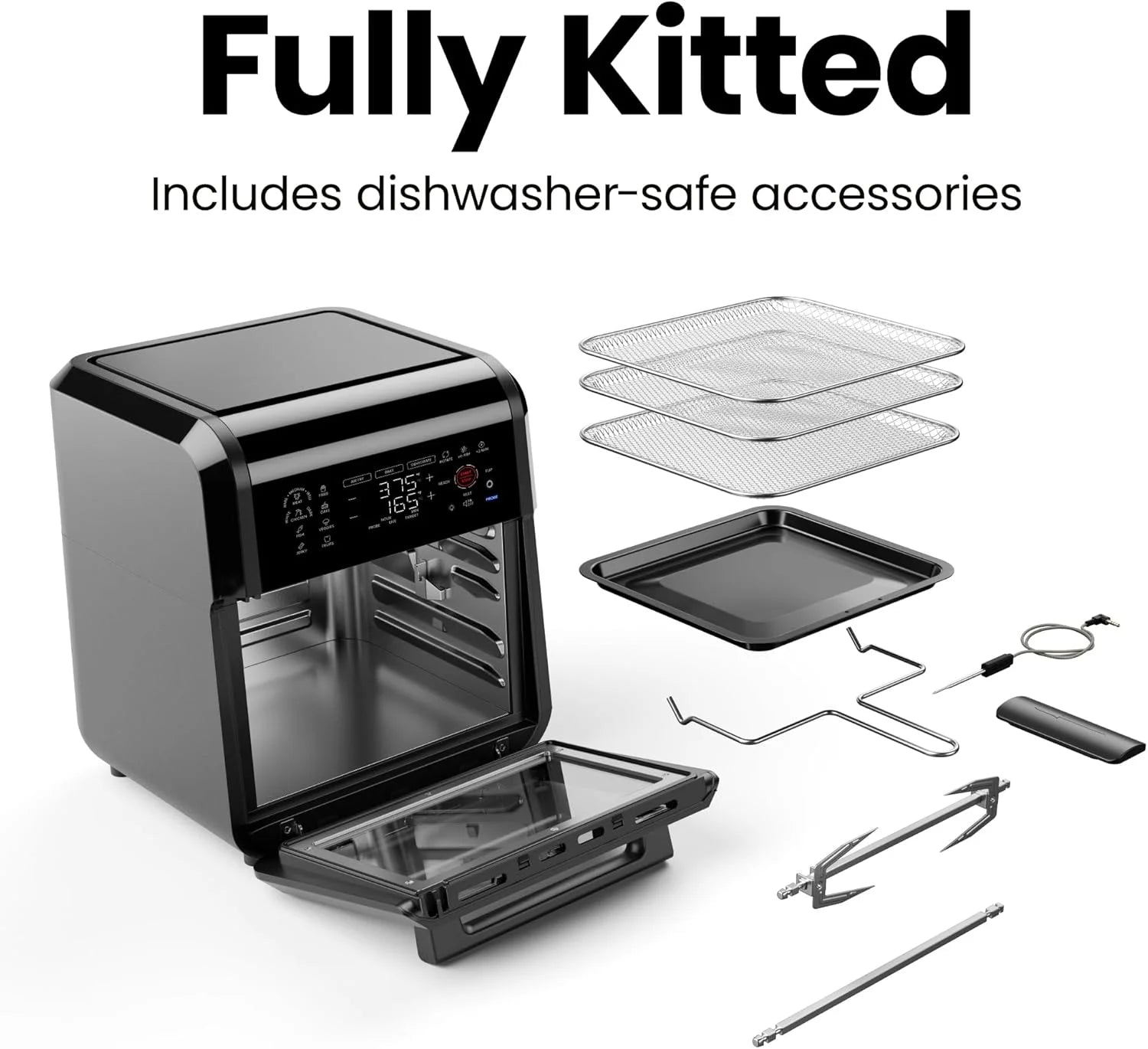12 Qt. Air Fryer 5 Functions W/ Integrated Smart Thermometer, 28 Presets, Black