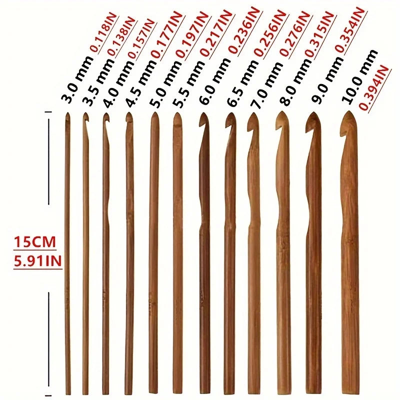 12Pcs/Set DIY Crochet Hooks Set Bamboo Handle Crochet Knitting Tool Crafts