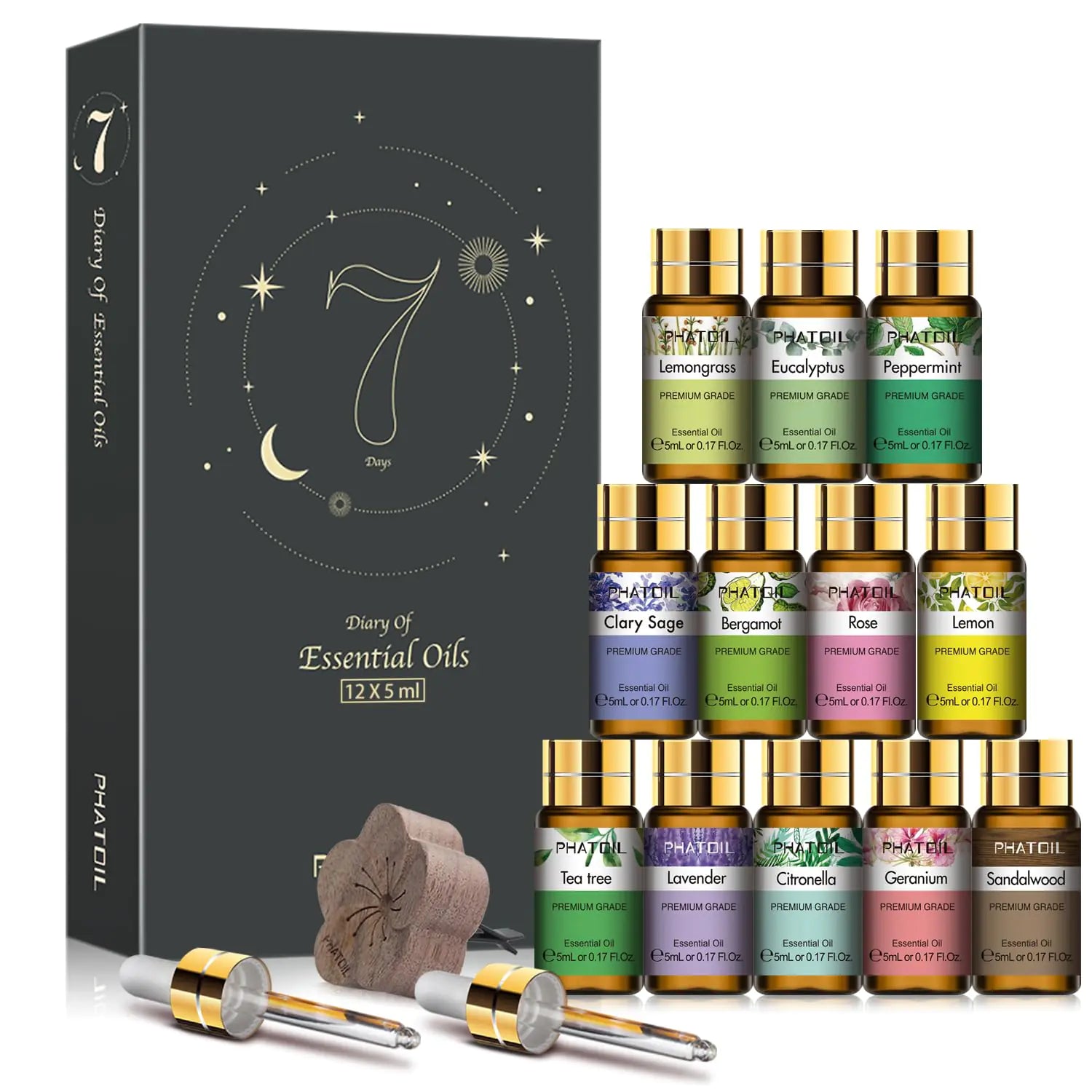 PHATOIL Essential Oil Set 12x5ml Essential Oils Gift Set with Diffused Wood Essential Oils for Diffusers DIY Candle Soap Making